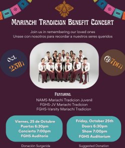 Benefit Concert information with a photo of the marachi band